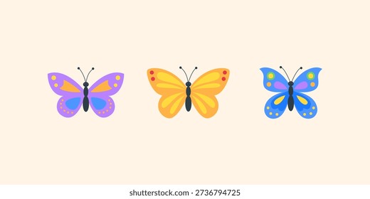 Cute butterfly vector collection. Colorful cartoon butterfly set in flat style. Spring insects clipart isolated on background. Kids illustration for nursery decor, education design and nature projects.