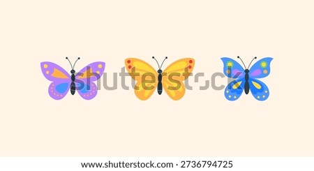 Cute butterfly vector collection. Colorful cartoon butterfly set in flat style. Spring insects clipart isolated on background. Kids illustration for nursery decor, education design and nature projects.