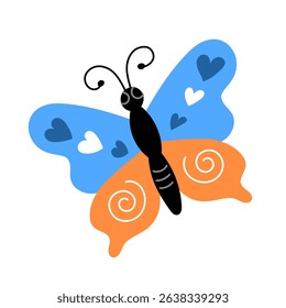 Cute butterfly vector illustration. Isolated insect flat and doodle. Colorful butterfly with hearts and abstract ornament on wings. Spring and summer insect