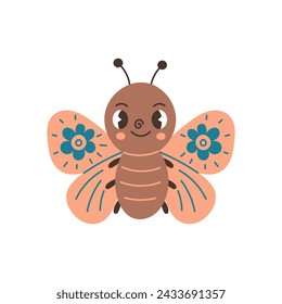 Ilustración linda del vector de la mariposa. Polilla Kawaii. Bebé insecto con alas. Aislado sobre fondo blanco. Arte para niños, niños, verano y primavera