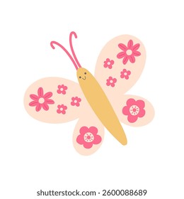 Cute butterfly vector illustration with pastel pink and blue floral wings – adorable children's design for baby prints, greeting cards, and decor