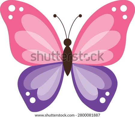 Cute butterfly vector illustration with pink and purple wings in flat cartoon style. Colorful insect design isolated on white background. Suitable for kids projects, nursery decorations, greeting cards, stickers, educational materials and creative designs.
