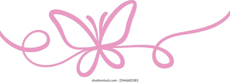 Cute butterfly vector line art ribbon illustration, single line flourish, linear border or banner design