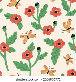 Cute Butterfly  Vector Seamless Pattern For Fabric Design Or Wallpaper. Summer Butterfly And Red Stylized Poppy On Pink Background.