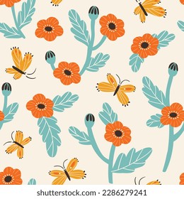 Cute butterfly  vector seamless pattern for fabric design or wallpaper. Summer butterfly and red stylized poppy on pink background.