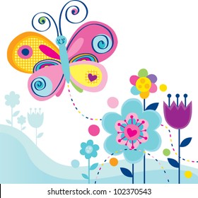 cute butterfly and whimsy flowers