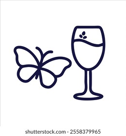 cute butterfly with wine glass outline in white background