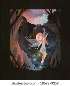 Cute butterfly winged fairy dancing in the night forest. Fairy tale vector illustration.