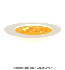 Cute butternut squash soup. Thanksgiving, Christmas food. Isolated on white background, flat design, EPS10 vector