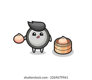cute button cell character eating steamed buns , cute style design for t shirt, sticker, logo element