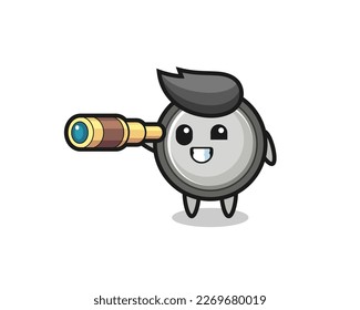 cute button cell character is holding an old telescope , cute style design for t shirt, sticker, logo element