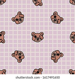 Cute button eyed teddy bear plush head seamless vector pattern. Hand drawn kids soft toy on gingham background. Cuddly fluffy animal home decor. Love, child, cub all over print. 