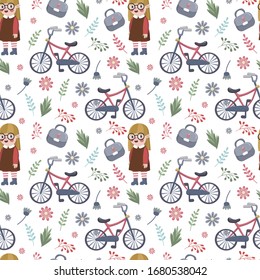 Cute bycicle girl pattern. Vector seamless texture. Outdoor activities. Adventure childhood. Funny baby portrait. Paper ornament. Kid illustration. Sport activities. Wallpaper texture. Bike pattern.