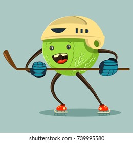Cute Cabbage cartoon character on skates in helmet and with stick engaged hockey. Illustration of winter sport and eating healthy. Vector flat funny vegetable icon with emotion isolated on background.