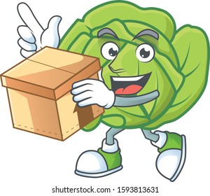 Cute cabbage cartoon character style holding a box