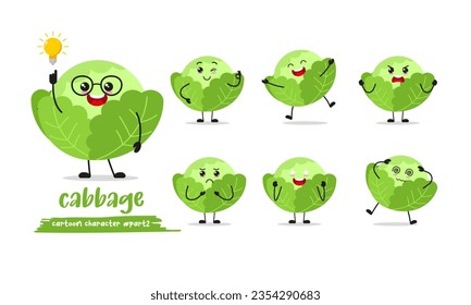 cute cabbage cartoon with many expressions. vegetable different activity pose vector illustration flat design set.