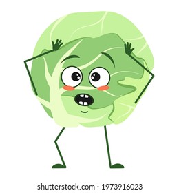 Cute cabbage character with emotions in a panic grabs his head, face, arms and legs. The funny or sad food hero, vegetable. Vector flat illustration