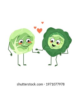 Cute cabbage characters with love emotions, face, arms and legs. The funny or happy food heroes, vegetable fall in love. Vector flat illustration