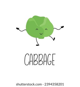 Cute cabbage dancing character smiling, with it hand lettered name. Learn card of vegetable for kids
