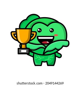 cute cabbage get golden trophy icon illustration vector graphic