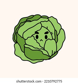 Cute cabbage head farm organic vegetable. Hand draw illustration. Kawaii face. Doodle style. Vector on isolated background. For printing on paper and fabric, children's illustration