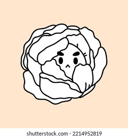 Cute cabbage head farm organic vegetable. Hand draw illustration. Kawaii face. Doodle style. Vector on isolated background. For printing on paper and fabric, children's illustration