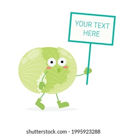 Cute cabbage holding banner vector cartoon isolated on white background.