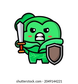 cute cabbage holding sword and shield icon illustration vector graphic