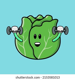 Cute cabbage mascot exercising using dumbbells of illustration vector and Premium Vector