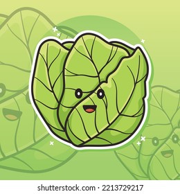 Cute Cabbage Mascot Vector Illustration. Flat Vegetable Cartoon Sticker Style. Can be used for emoticon, ui, web, app intro card, editorial, emoji, icon.
