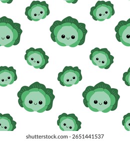 Cute cabbage seamless pattern in kawaii style. Smiling cabbage vegetable.