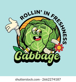 Lindo repollo vegetal 70s personajes de dibujos animados cómicos retro