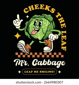 Cute cabbage vegetable 70s retro comic cartoon characters