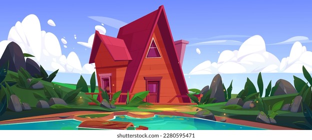 Cute cabin on lake coast. Summer landscape with small wooden house, hotel cottage, river with log in water, green grass and bushes, vector cartoon illustration