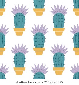 Cute cacti in boho style. Cactus seamless pattern. Trendy boho background. Cacti fabric print design. Succulent textile. Flat design, doodle style, white background