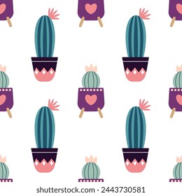 Cute cacti in boho style. Cactus seamless pattern. Trendy boho background. Cacti fabric print design. Succulent textile. Flat design, doodle style, white background