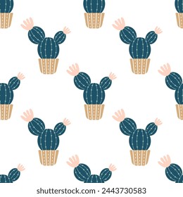 Cute cacti in boho style. Cactus seamless pattern. Trendy boho background. Cacti fabric print design. Succulent textile. Flat design, doodle style, white background