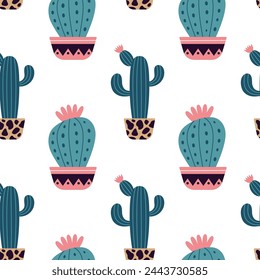 Cute cacti in boho style. Cactus seamless pattern. Trendy boho background. Cacti fabric print design. Succulent textile. Flat design, doodle style, white background