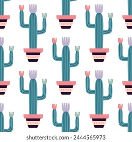 Cute cacti in boho style. Cactus seamless pattern. Trendy boho background. Cacti fabric print design. Succulent textile. Flat design, doodle style, white background