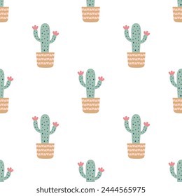 Cute cacti in boho style. Cactus seamless pattern. Trendy boho background. Cacti fabric print design. Succulent textile. Flat design, doodle style, white background