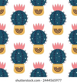 Cute cacti in boho style. Cactus seamless pattern. Trendy boho background. Cacti fabric print design. Succulent textile. Flat design, doodle style, white background