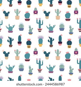 Cute cacti in boho style. Cactus seamless pattern. Trendy boho background. Cacti fabric print design. Succulent textile. Flat design, doodle style, white background