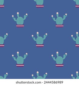 Cute cacti in boho style. Cactus seamless pattern. Trendy boho background. Cacti fabric print design. Succulent textile. Flat design, doodle style, white background