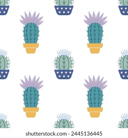 Cute cacti in boho style. Cactus seamless pattern. Trendy boho background. Cacti fabric print design. Succulent textile. Flat design, doodle style, white background