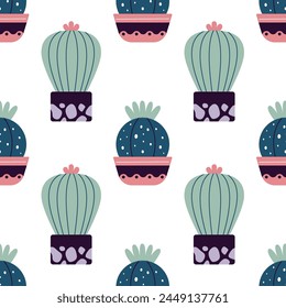 Cute cacti in boho style. Cactus seamless pattern. Trendy boho texture. Cacti fabric print design. Succulent textile. Flat design, doodle style, white background