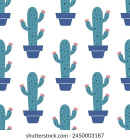 Cute cacti in boho style. Cactus seamless pattern. Trendy boho texture. Cacti fabric print design. Succulent textile. Flat design, doodle style, white background