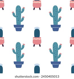 Cute cacti in boho style. Cactus seamless pattern. Trendy boho pattern. Cacti fabric print design. Succulent textile. Flat design, doodle style, white background