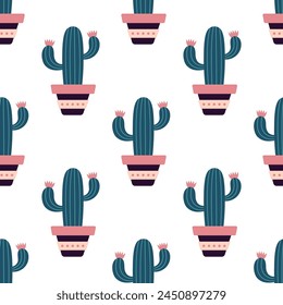 Cute cacti in boho style. Cactus seamless pattern. Trendy boho texture. Cacti fabric print design. Succulent textile. Flat design, doodle style, white background