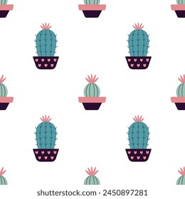 Cute cacti in boho style. Cactus seamless pattern. Trendy boho pattern. Cacti fabric print design. Succulent textile. Flat design, doodle style, white background