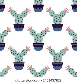 Cute cacti in boho style. Cactus seamless pattern. Trendy boho texture. Cacti fabric print design. Succulent textile. Flat design, doodle style, white background